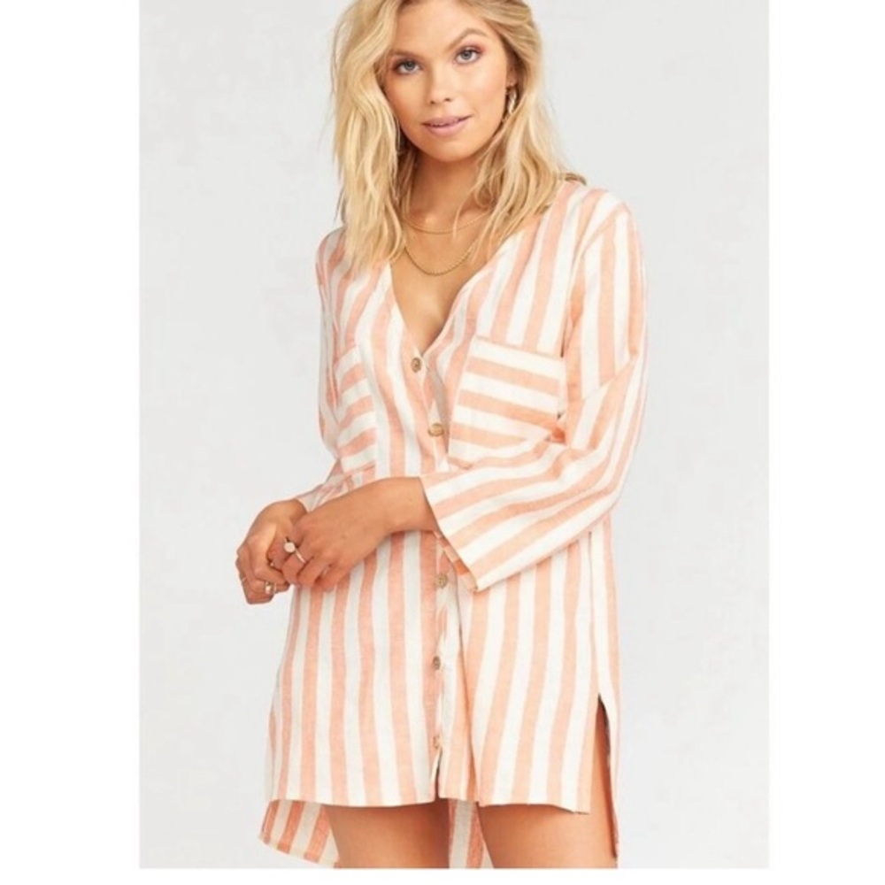Show Me Your Mumu The Dahli Striped Linen Blend Tunic Coral Cream Button Front L